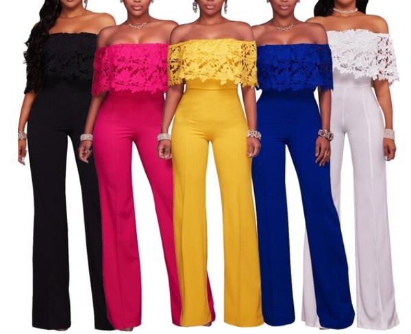 

spring summer new club wear overalls for women jumpsuit off shoulder lace loose long rompers pants red blue yellow, Black;white