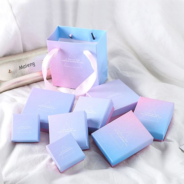 

[ddisplay]ins style blue gradient color jewelry box creative lid and tray ring cases earring jewelry display necklace package box, Black;white
