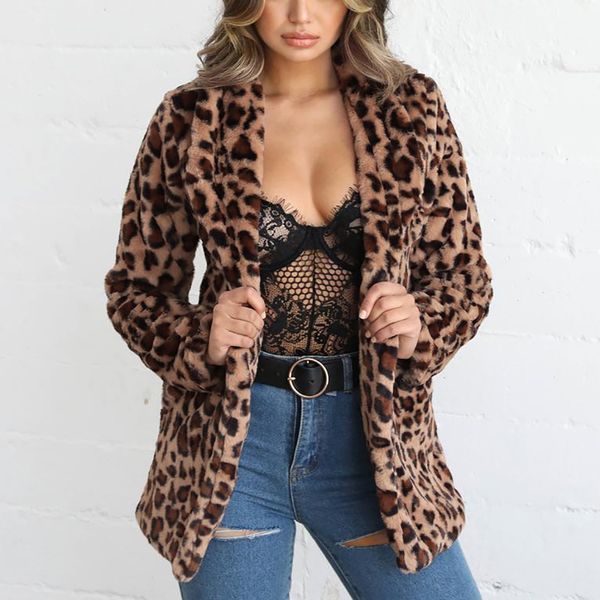 

long faux fur coat women winter fur jacket white vintage lapel leopard printed lady warm fluffy jacket coats womens clothes 2019, Black