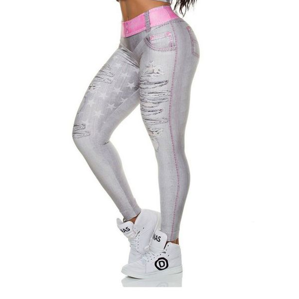 

jean yoga pants high waist fitness shredded leggings fashion running athletic trousers female gym exercise pants sports wear, White;red