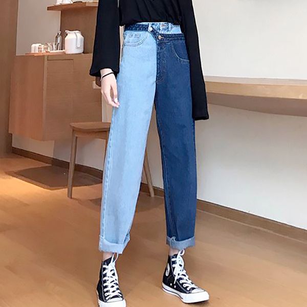 

2020 women jeans straight pencil pants high waist ripped jeans mom loose ankle length denim pathchwork, Blue