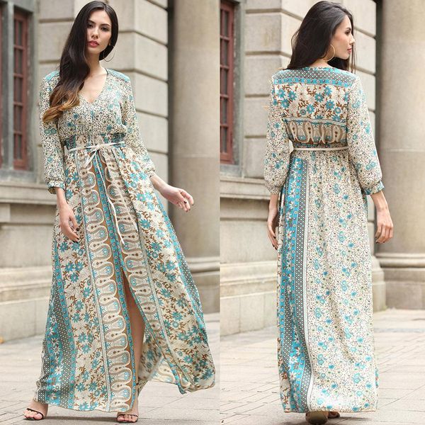 

summer dress 2019 high-end casual womens floral printed boho long sleeve maxi dress with belt evening party vestidos, Black;gray
