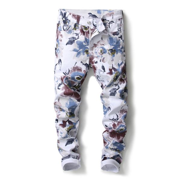 

spring fashion men's 3d graffiti printing jeans pants slim fit denim joggers for male nightclub jeans trousers size 29-38 white, Blue