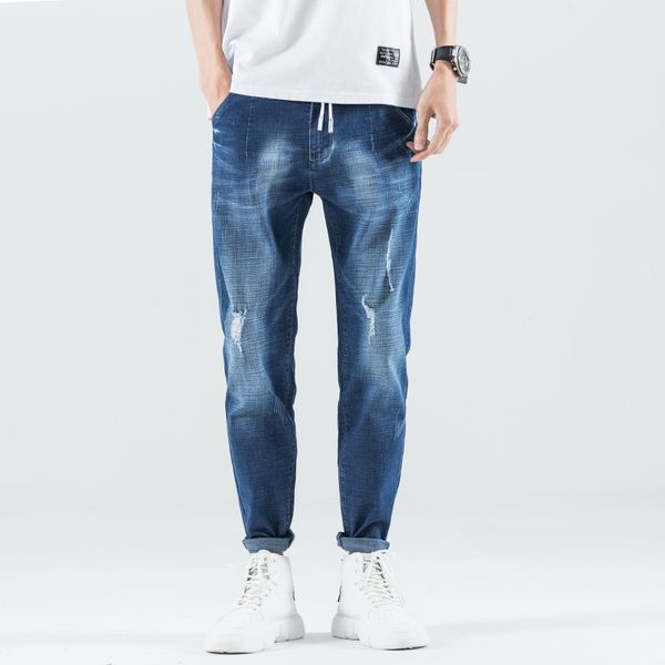 

2019 new middle waist pants casual men's jeans, Blue