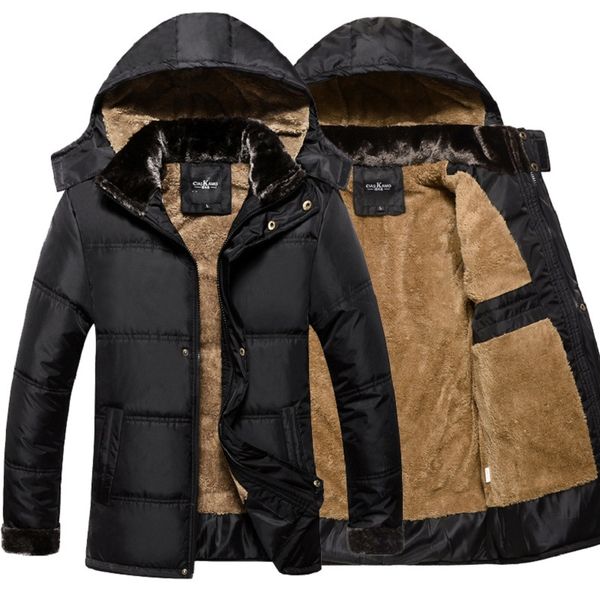 

thick warm winter jacket men overc jackets detachable hat high collar outerwearoat fluff lining down coats parka casual, Black