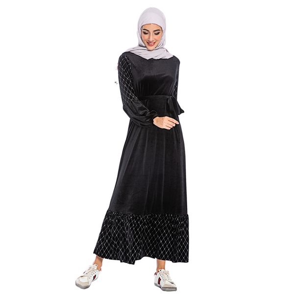 

muslim women round neck velevt kaftan dress s-3xl plus size islamic women evening dress jilbab with belt, Red