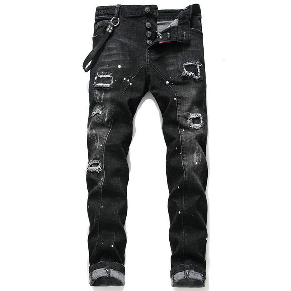 

men's new d2 skinny feet jeans hole patch patch elastic paint splatter black splicing hole denim trousers men, Blue
