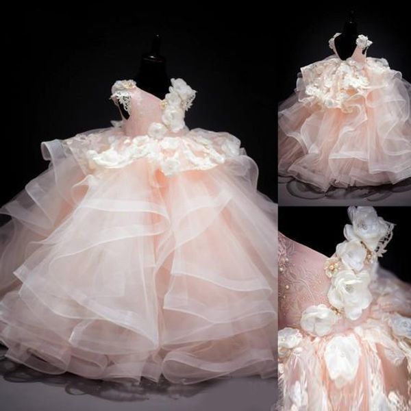 

2020 vintage v neck ball gown lace applique flower tiered skirts princess dresses kids children clothes girls birthday party wedding dresses, White;blue