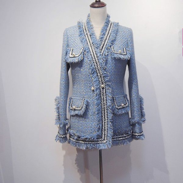 

new suit female short paragraph autumn and winter retro tassel pearl buckle weaving ladies rough tweed jacket, Black