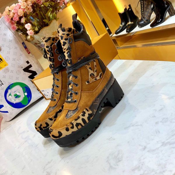 

fashion luxury women's printed leather star trails lace ankle boots elegant ladies side zipper chunky heel rubber outsole brown boots, Black