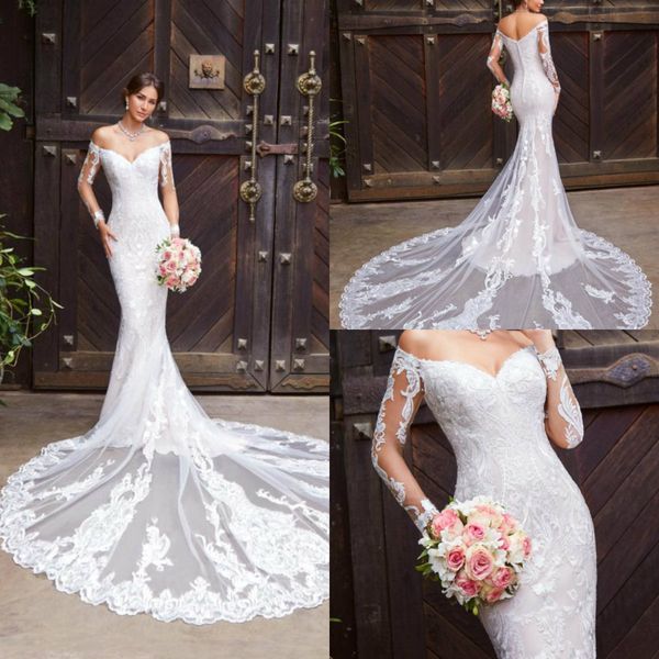 

2019 lace mermaid wedding dresses off the shoulder appliques court train long sleeve wedding dress button back plus size beach bridal gowns, White