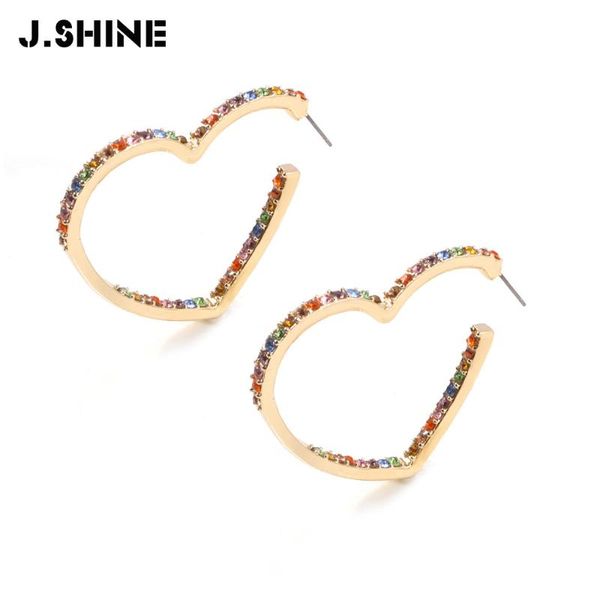 

jshine two-tones fashion rainbow color crystal heart earring for women bohemia big statement hoop earring wedding jewelry gifts, Golden;silver