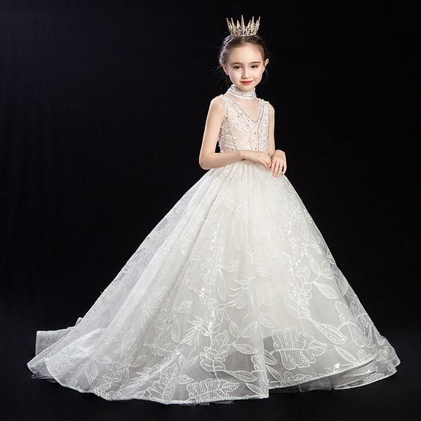 

arabic 2019 floral lace flower girl dresses ball gowns child pageant dresses long train beautiful little kids first holy communion gowns, White;red