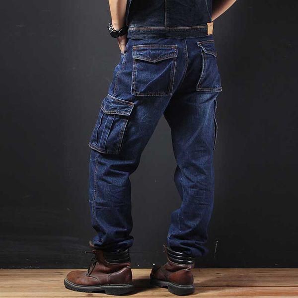 

big pocket denim jeans men casual cargo pants style loose baggy cotton trousers plus size joggers man clothes, Blue