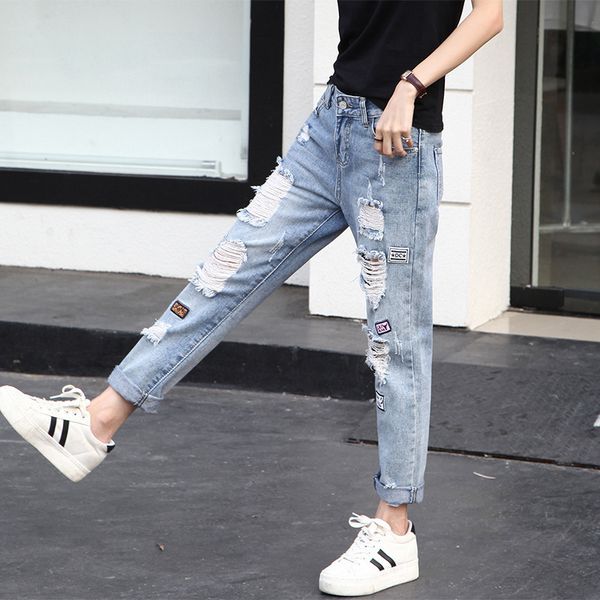

ripped jeans womens slim-fit harlan nine-point popular brand summer thin korean-style trendy casual womens pants, Blue