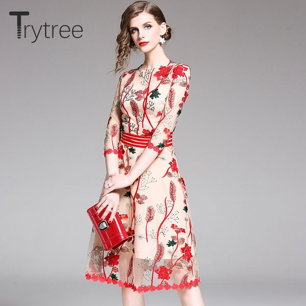 

trytree летнее платье вышивка с цветочным принтом повседневная одежда из полиэстера с рукавами и подолами платье до колена high street, Black;gray