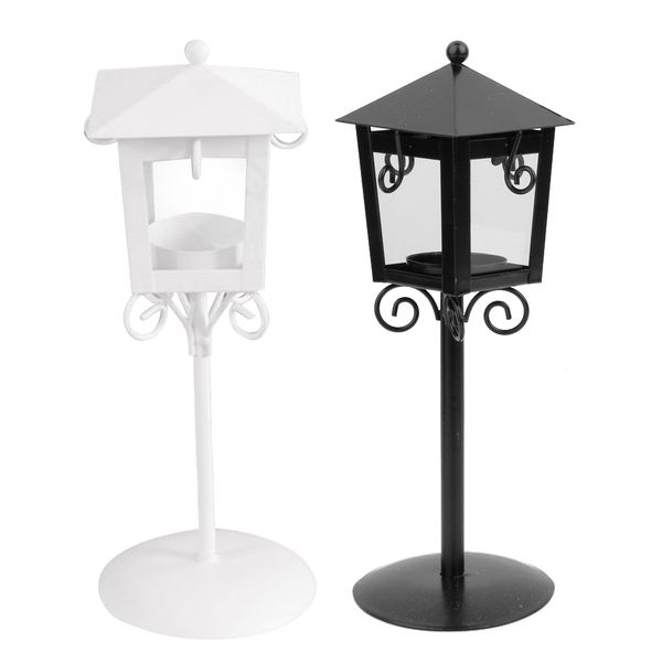 

2x table metal candle holder retro style street lamp shape home decor party table candlestick lantern(black & white)