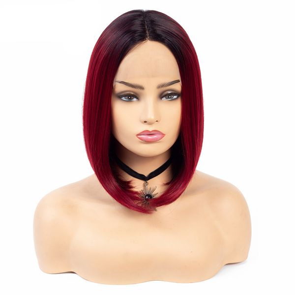 Bob-Perücke, 30,5 cm, kurze synthetische Lace-Front-Perücken für Damen, Ombre-Perücke in Schwarz und Weinrot