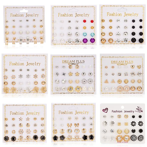 

12 pairs/set stud earrings set with card transparent zircon balls love flowers earrings women imulated pearl jewelry, Silver