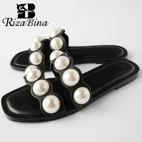 

sandals rizabina women shoes string beads woman slippers casual solid color fashion footwear size 33-40, Black