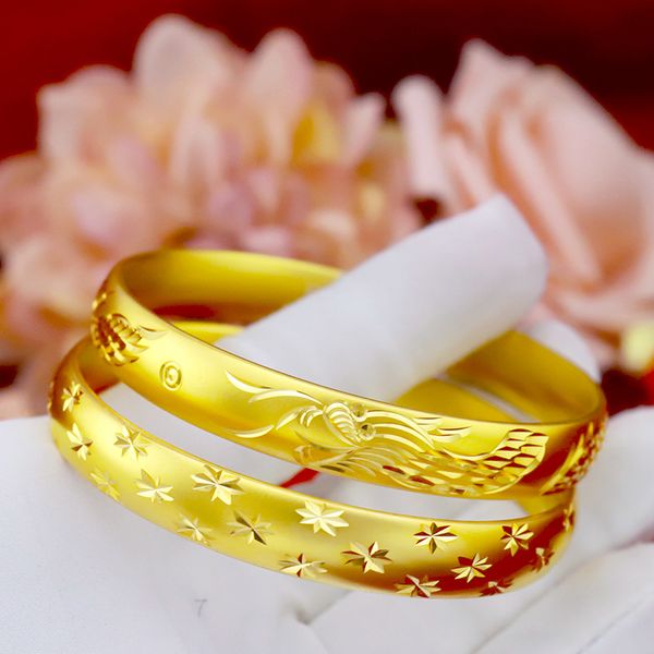 

full sky stars yellow gold filled bangle vintage womens dragon phoenix carved bracelet unopenable, Black