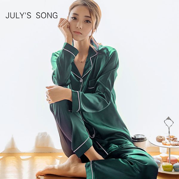 

july's song 2 piece autumn women sleepwear faux silk satin pajamas set long sleeve sleepwear pajamas suit female homewear, Black;red