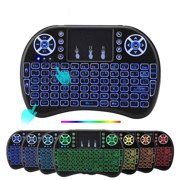 Mini teclado sem fio I8 backlight 2.4G Air Mouse Keyboard Remote Control Touchpad bateria de lítio recarregável para TV Box