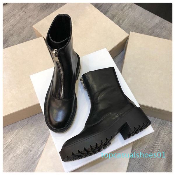 

autumn winter real leather martin boots engaland style thick bottom comfortable ankle front zipper high flat knight boots t01, Black
