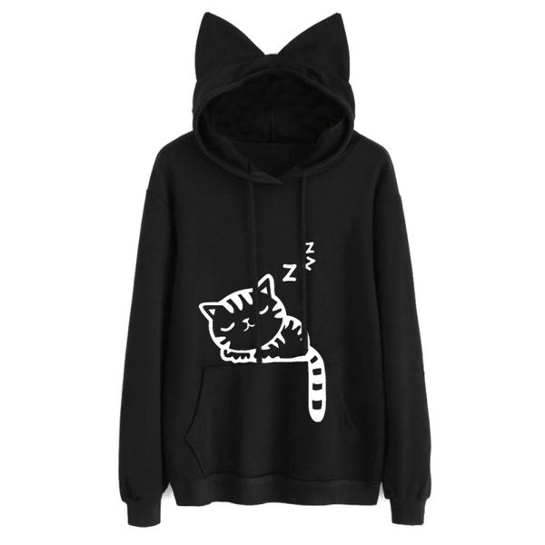 

womens cat printed long sleeve hoodies pullovers fashion cat ear hooded sweatshirts, Black