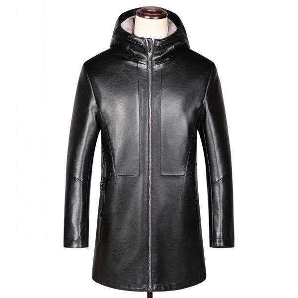

long hooded shearling jacket mens genuine leather jackets sheepskin coat winter clothes thickening warm overcoat windproof 2019, Black
