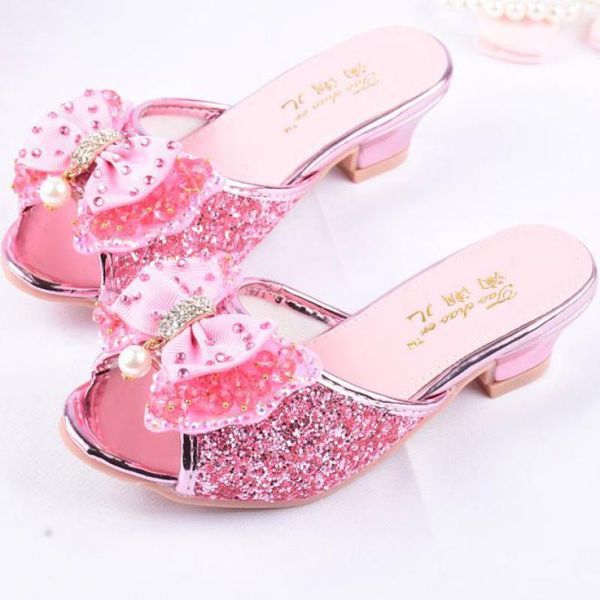 

girls summer sandals slipper sequined princesse children high heel party dress shoes leather slipper for kids slides t200703, Black;red