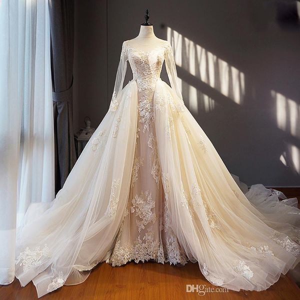 

свет champagne ivory свадебное платье длинные съемные поезд хем аппликации длинные рукава саудовская аравия формальное невесты платья свадеб, White