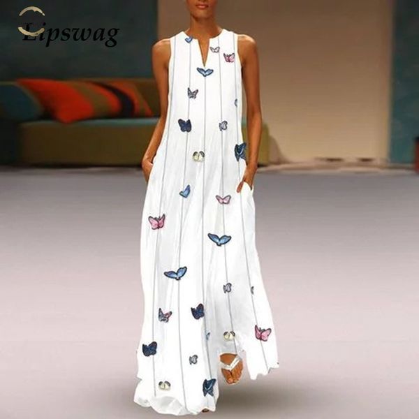 

vintage sleeveless butterfly print dress women 2019 summer pockets boho beach maxi dress casual loose v neck dress femme, Black;gray