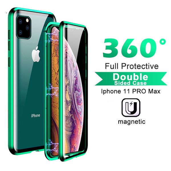 

Double ided gla magnet ca e for iphone 11 pro max metal magnetic 360 degree full cover ca e coque with the retail box