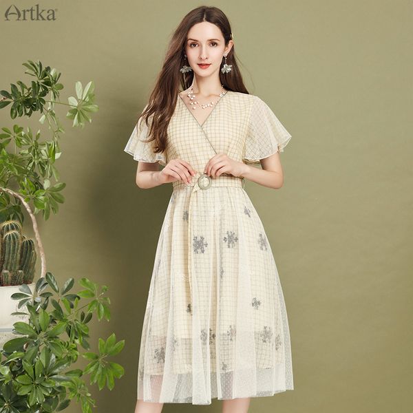 

artka 2020 summer new women dress элегантная вышивка клетчатое платье v-образным вырезом сетки с поясом flare рукавом длинные платья la20507, Black;gray