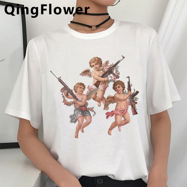 

урожай harajuku ангелы graphic tshirt женщины ullzang эстетическая grunge аниме тенниска лета способа тенниски 90s топ тройники женский, White