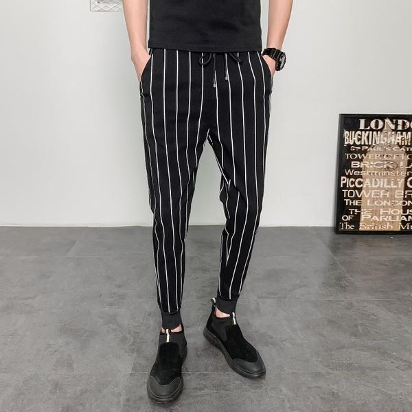 

korean men striped pants ankle length stretch work joggers sweatpants 2020 summer streetwear causal slim fit thin trousers male, Black