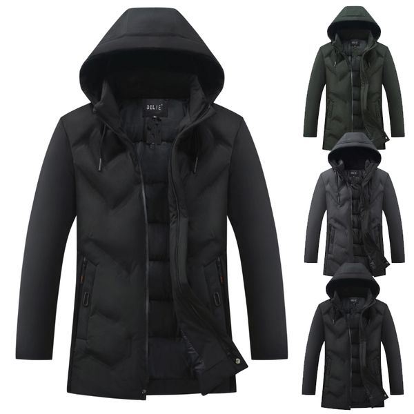 

men casual winter parkas coat warm hooded solid jackets men's warm thick parka coats plus size thick cotton padded outwear, Black