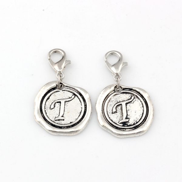 

50шт письмо диск "т" начальные плавающие застежки омаров сплав бусины шарм подходят браслет шарм diy ювелирные изделия античное серебро 18x3, Bronze;silver