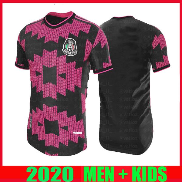 

player version 20 21 mexico soccer jerseys away h.lozano dos santos chicharito 2020 2021 pink black men kids kit football uniform shirts, Black;yellow