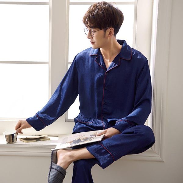 

men's sleepwear set soft polish silk spring and summer long sleeve plus size home wear lounge pajamas set, Black;brown