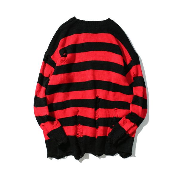 

2019 hole fashion pullovers spring euro-america high street black red stripe knitted sweater men pattern streetwear, White;black