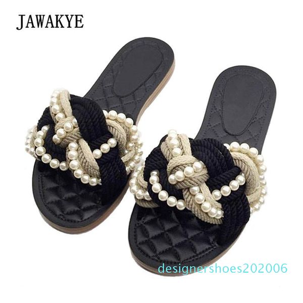 

jawakye black real leather slipper woman open toe pearl flowers flat slides women fashion beach sandals 2020 d06