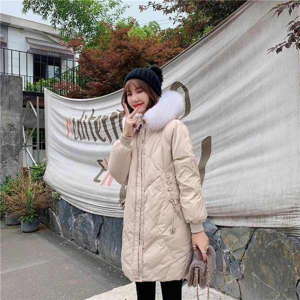

2018 winter new style mid-length down jacket women's with pockets loose-fit really raccoon fur collar thick korean-style jacket, Black;white