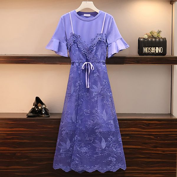 

2019 summer mesh lace embroidery vest dress+long t-shirt 2-piece set suit women 's new fashion two-piece plus size dresses set, White