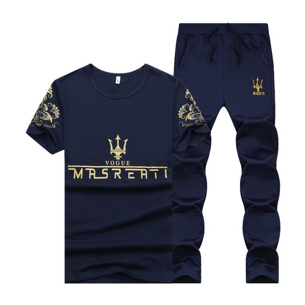 

maserati logo embroidery men's t shirt fashion men large size o-neck t-shirt cotton casual loose shirt+pants 2pcs, White;black