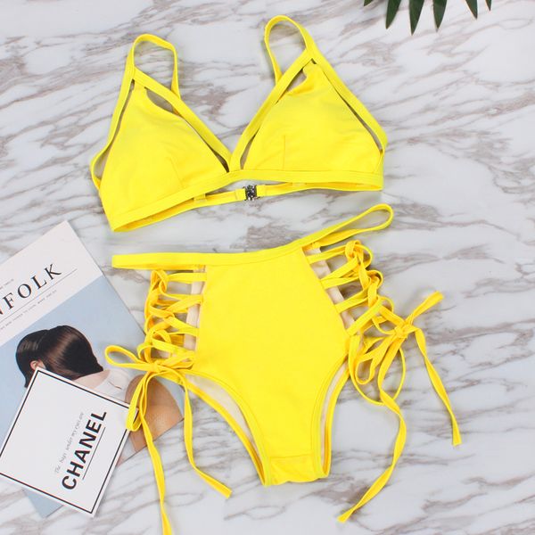 

cut bikini swimwear women 2019 new yellow red black swimsuit bandage high waist two pieces biquini beachwear s-xl