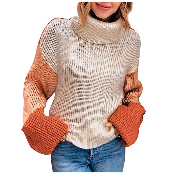 

jaycosin winter ladies warm leisure loose patchwork turtleneck knitted sweater long sleeve comfortable pullover casual 123#4, White;black