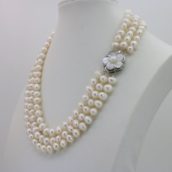 

wubianlu 3 row 7-8mm white freshwater pearl necklace chain floral buttons jewelery women girl banquet 17-19 inchfashion charming cj191224, Silver