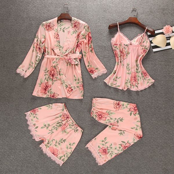 

4 pieces ladies silk satin sleepwear set floral pajama set fashion nightwear robe+slip pant+shorts solf homewear, Blue;gray